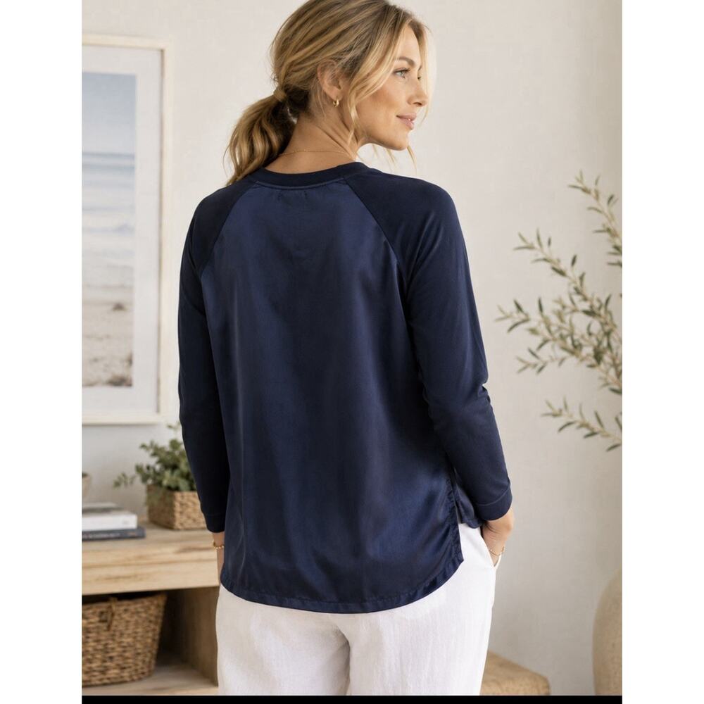 Mersea Navy Blue Mixed Media S Woven Silky LS Luxury Minimalist Quiet Luxury Top - Picture 2 of 8